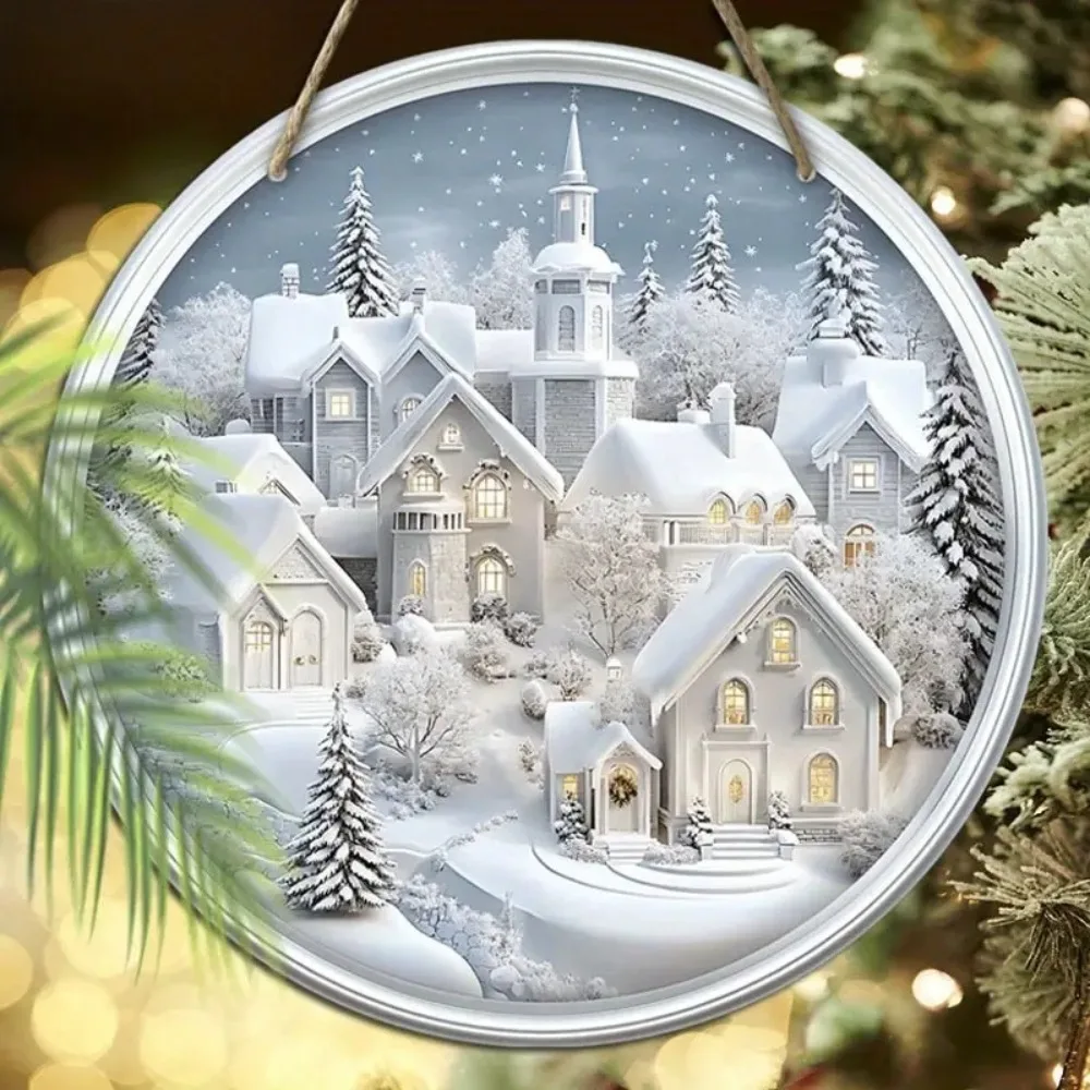 2D Winter Village Scene Circular Wooden Sign, Winter Theme, Suitable for Home, Room, Office, Garden, Party, Christmas Decoration