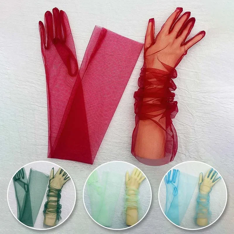 Ultra Thin Gloves Tulle Elbow Long Retro Mitten Gloves Wedding Bride Dress Transparent Sunscreen Gloves for Women image 2