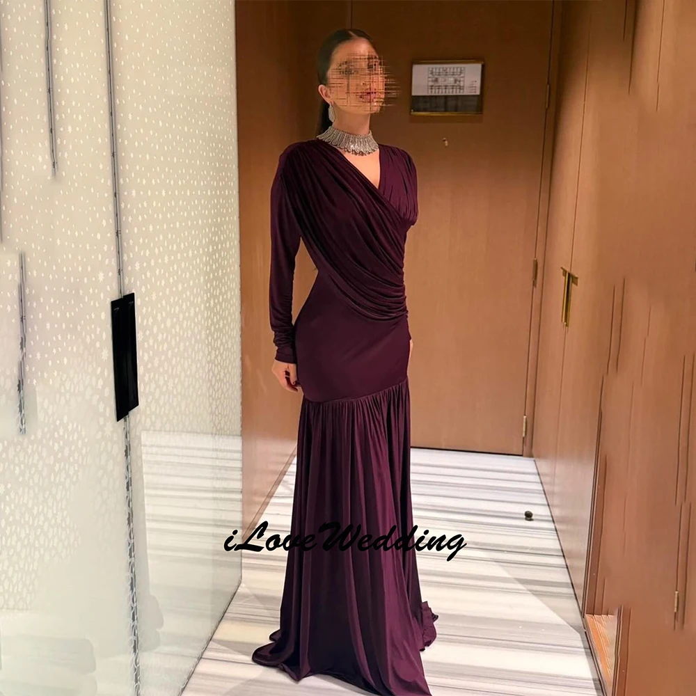 

Customized Purple Sexy Deep V Neck Pleated Slim Fit Long Sleeves Evening Dresses New Style Elegant Modern Prom Gown 2026