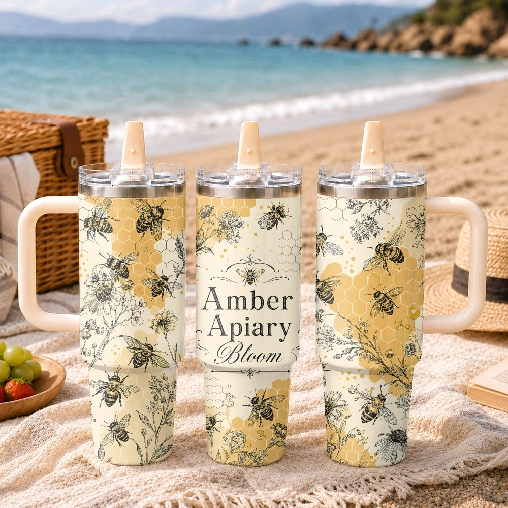Vintage Bee Honey Sketch Set Vacuum Flasks 40oz Thermal Tumbler Handle Stainless Steel Insulated Water Portable Mug Cup