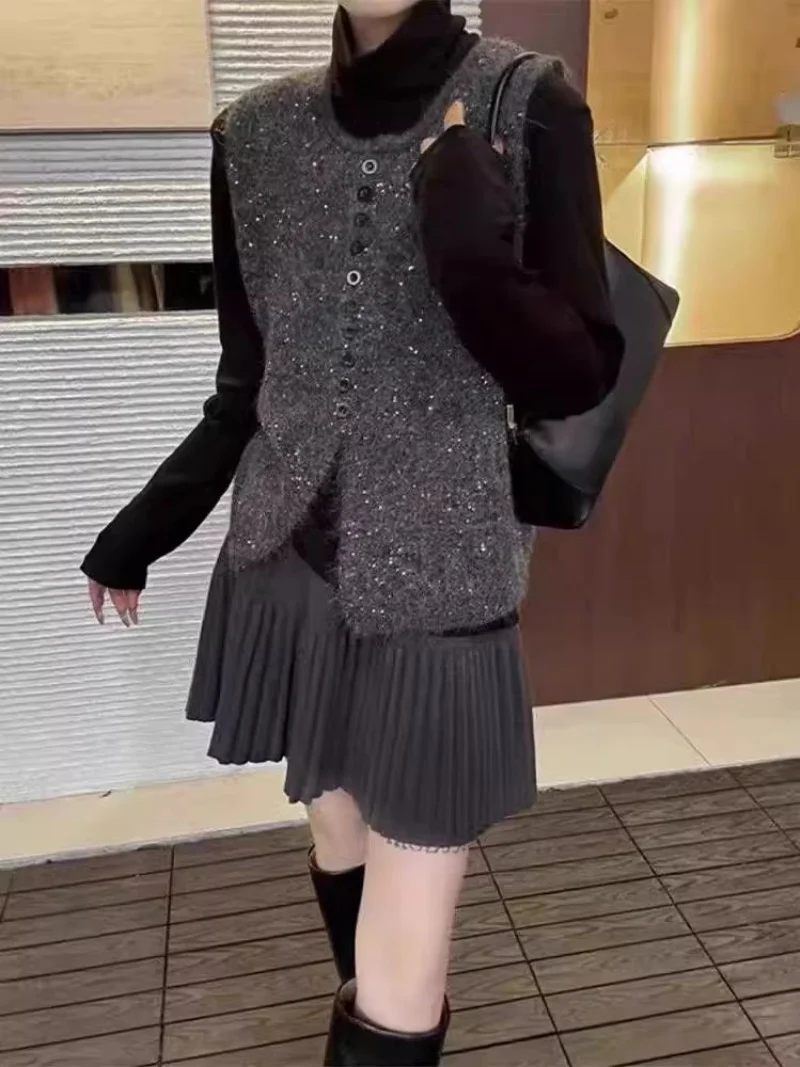 Korean Style Design Sequins Single Breasted Sleeveless Vest  Women's Spring & Autumn Fashion Loose Fitting Waiscoat Jacket W205