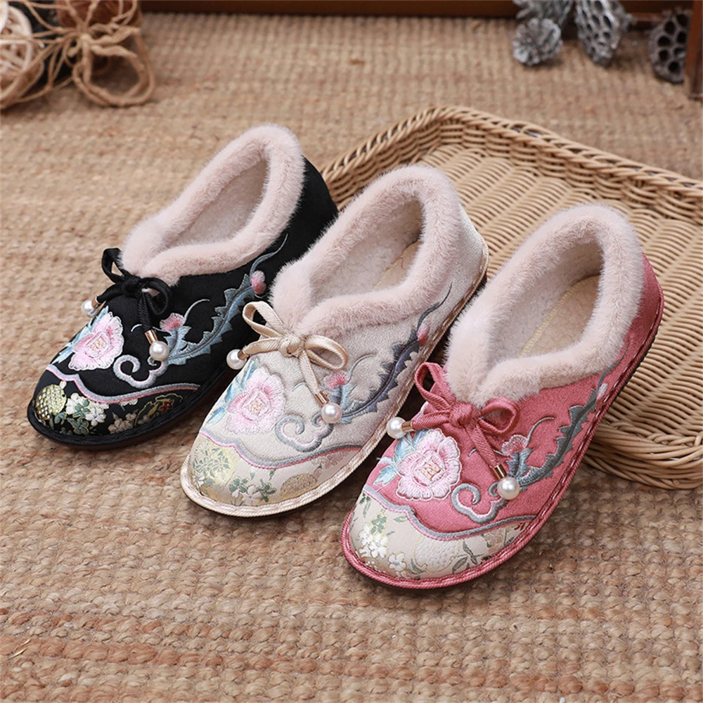 Winter Ethnic Style  Old Beijing Cloth Shoes Women's  Retro Embroidered Cotton Flats Plus Velvet Warm Soft-soled Non-slip Shoes