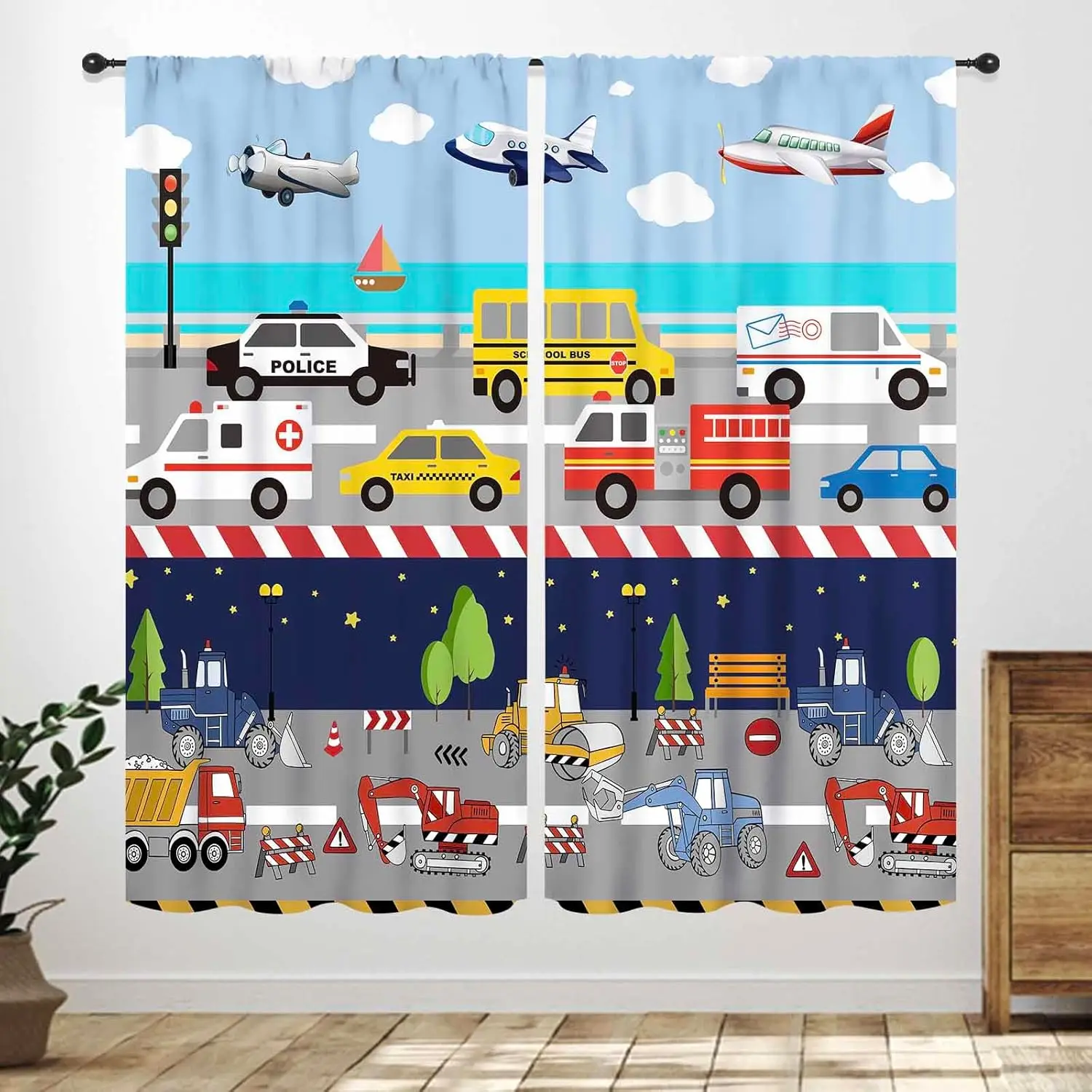 Cute Vehicle Pattern Curtain Polyester Home Decor Kids Nursery Room Window Treatment Cartoon Transportation Art
