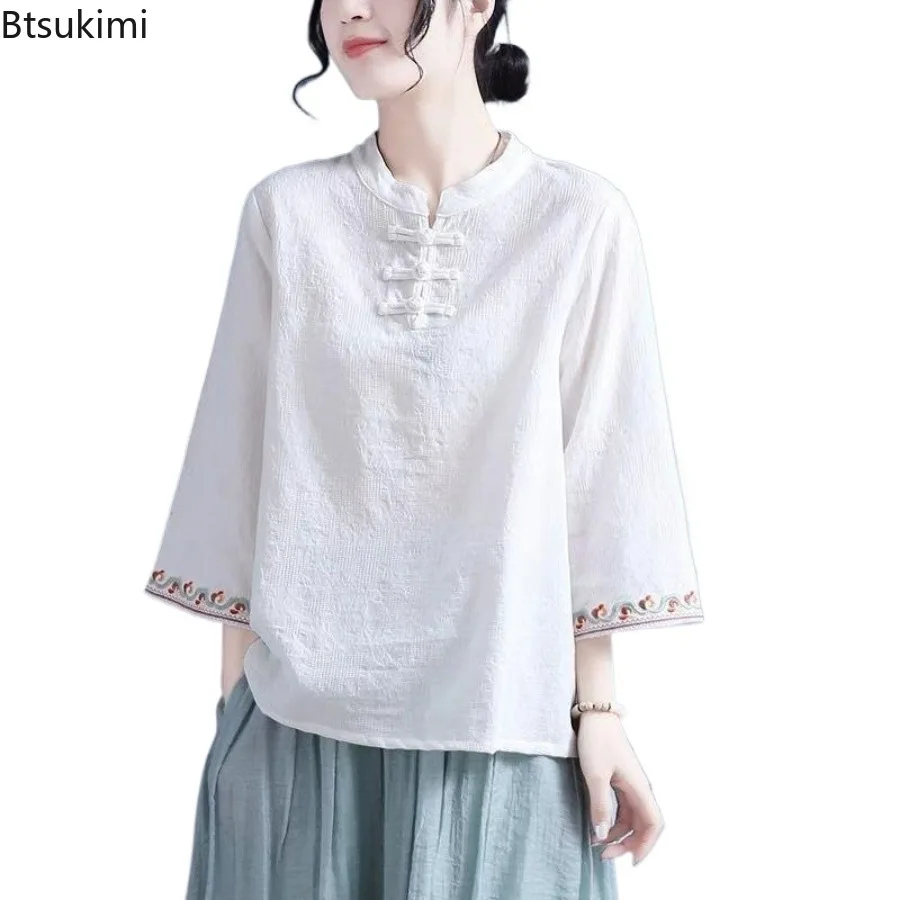 Chinese Style Jacquard Embroidery Shirt for Women Elegant Vintage Stand Collar Blouse Traditional Hanfu Casual Cotton Linen Tops