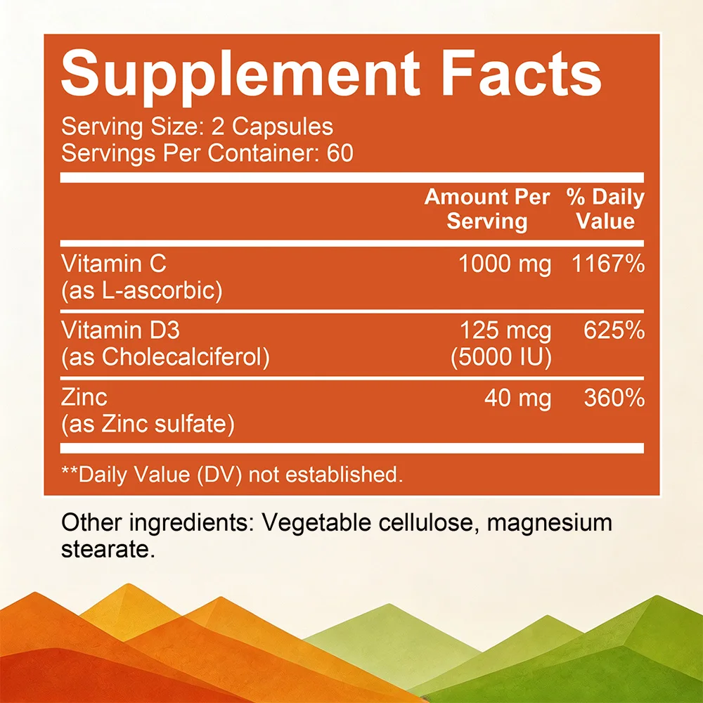 Vitamin C + Vitamin D3 & Zinc, 120 Capsules | Potent, Comprehensive Immune Support | Essential & Antioxidant Daily Supplement
