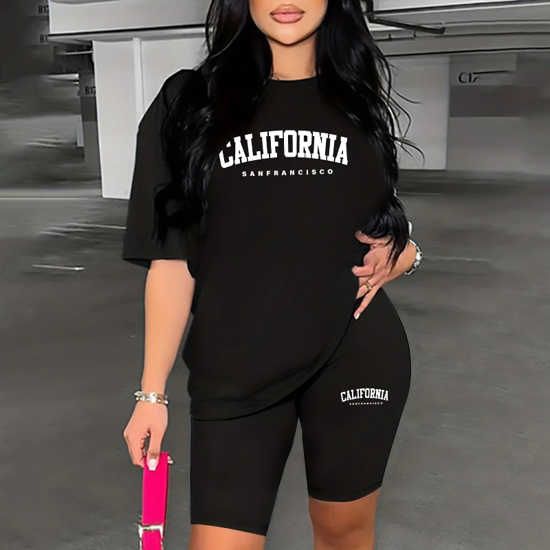 California Printed Tracksuit Summer Hot Sale Women's Casual Sports Shorts Set O-Neck T-shirts Tight Shorts Ladies Sexy Outfits