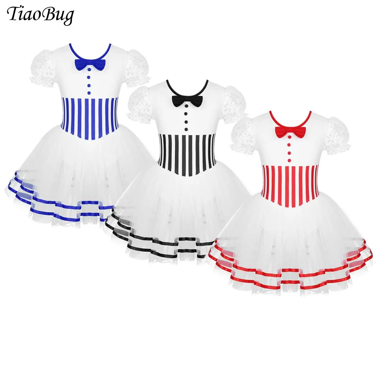

Girls Christmas Ballet Dance Tutu Dress Lace Puff Sleeves Stripe Print Bow Mesh Candy Can Dress Figure Skating Gymnastic Leotard