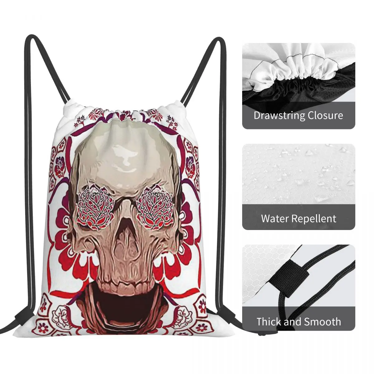 Flowery Skull Backpacks Multi-function Portable Drawstring Bags Shoes Bag Book Bags For Travel Students