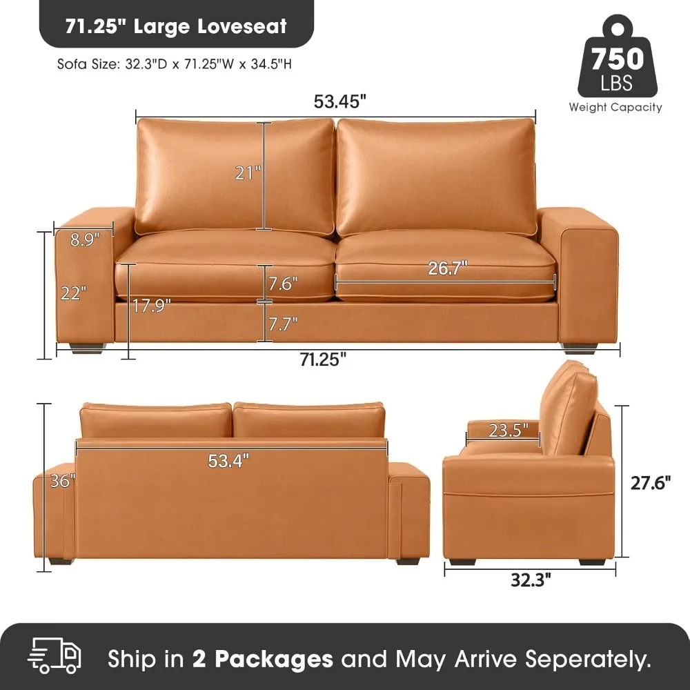 Loveseat de 2 lugares de meados do século em couro sintético com braços largos e bolsos laterais, estrutura de madeira maciça para uso em vários ambientes