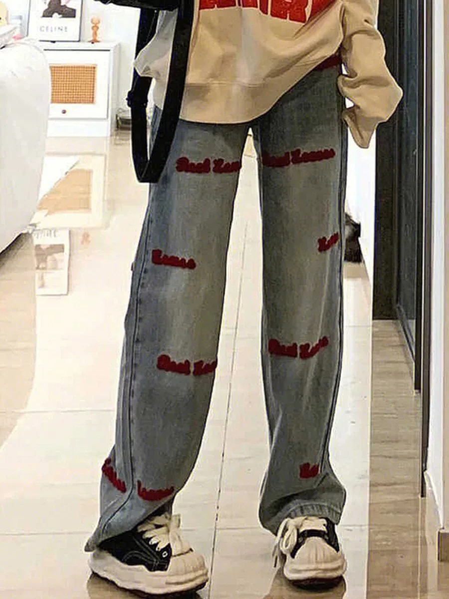 Y2K High Waisted Jeans Women American Retro Embroidered Loose Fit Slimming Wide Leg Straight Pants Autumn New