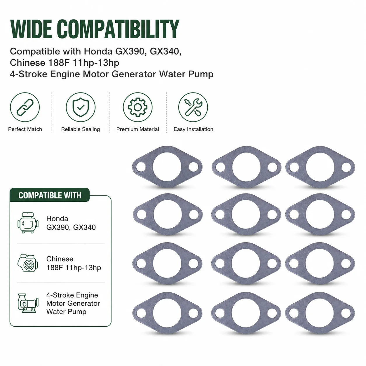 12Pcs Exhaust Muffler Gasket For Honda GX390 GX340 Chinese 188F 11-13HP 4-Stroke Engine Motor Generator Water Pump Replacement