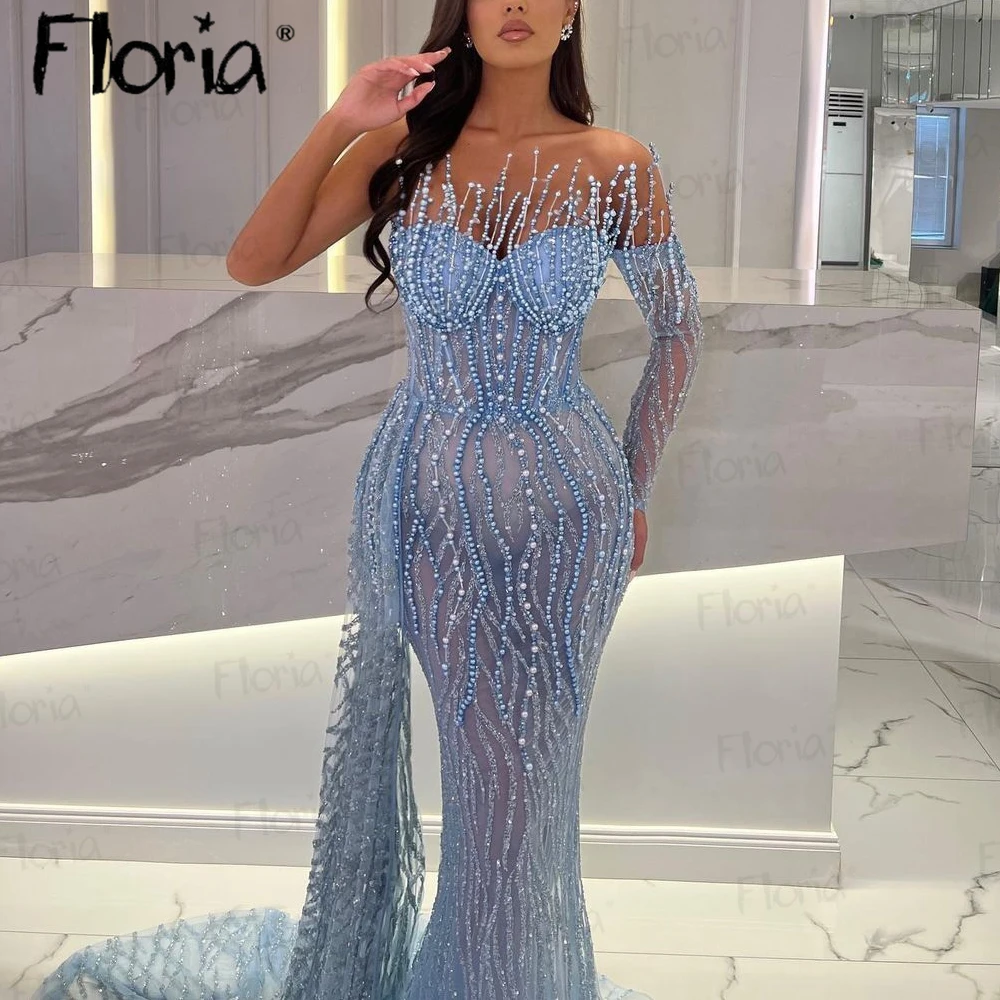 Robe de Soirée Longue Sirène Bleu Clair au Design Unique, Tenue de Cérémonie de Mariage, Hors Bateau, pour Occasions Formelles, 2023