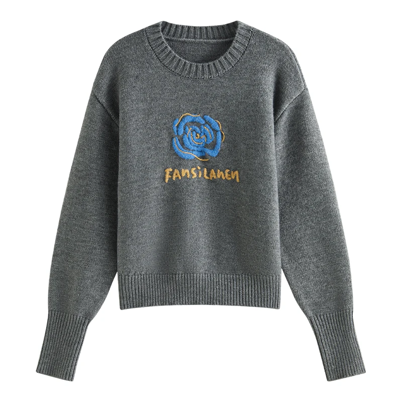 FSLE Two Colors Flower Embroidery Round Neck Women Sweater Fall Winter 2024 New Loose Versatile Warm Wool Knit Pullover24FS14165 — zdjęcie 2