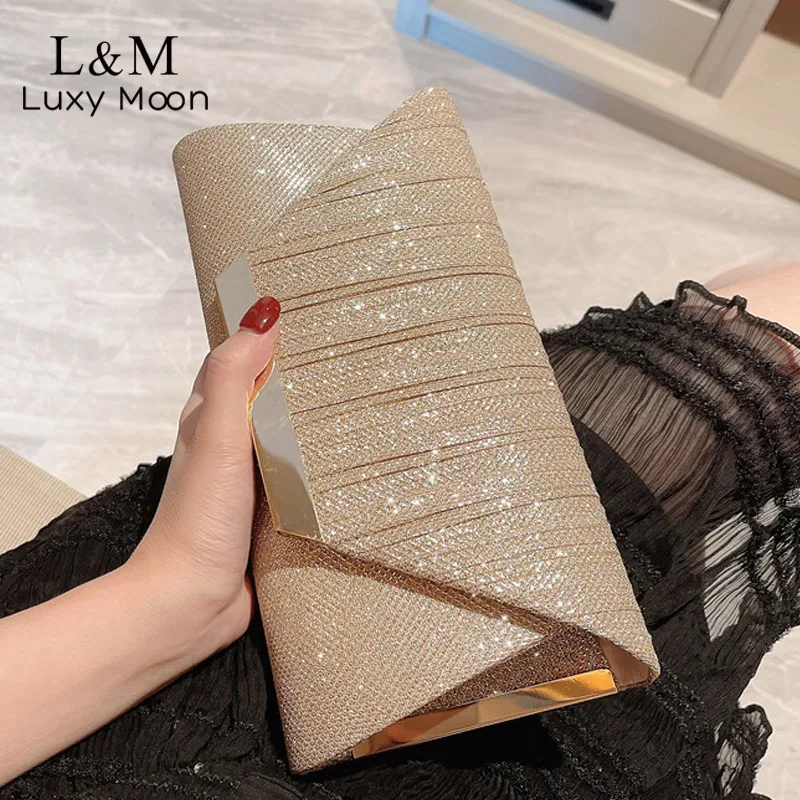 Glitter Women Clutch Luxury Evening Bag Gold Shiny Party Envelope Handbag Female Chain Shoulder Long Purse Folded Wallet XA824H