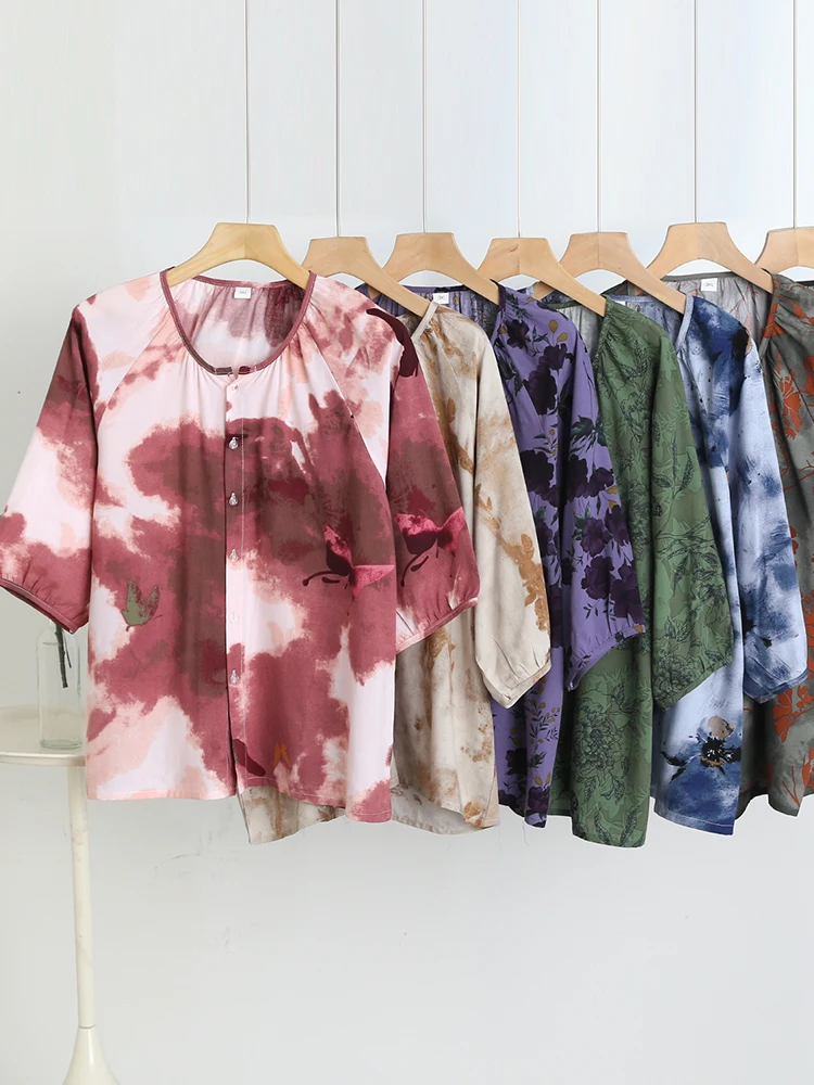 Summer Casual round Neck T-Shirt Loose Fit Silk Button Sun Protection Top for Middle-Aged And Elderly Women Artificial Cotton...