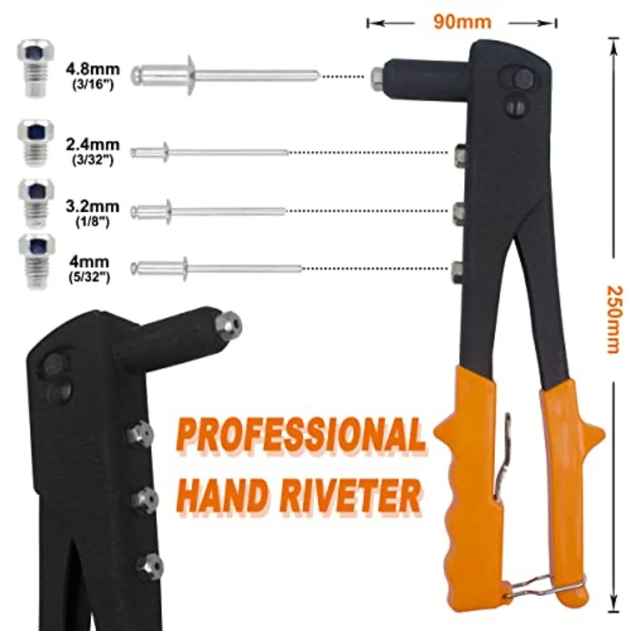 225개 알루미늄 블라인드 리벳 모음 키트, 자동차 수리 및 금속 가공용 헤비 듀티 핸드 리벳건 포함