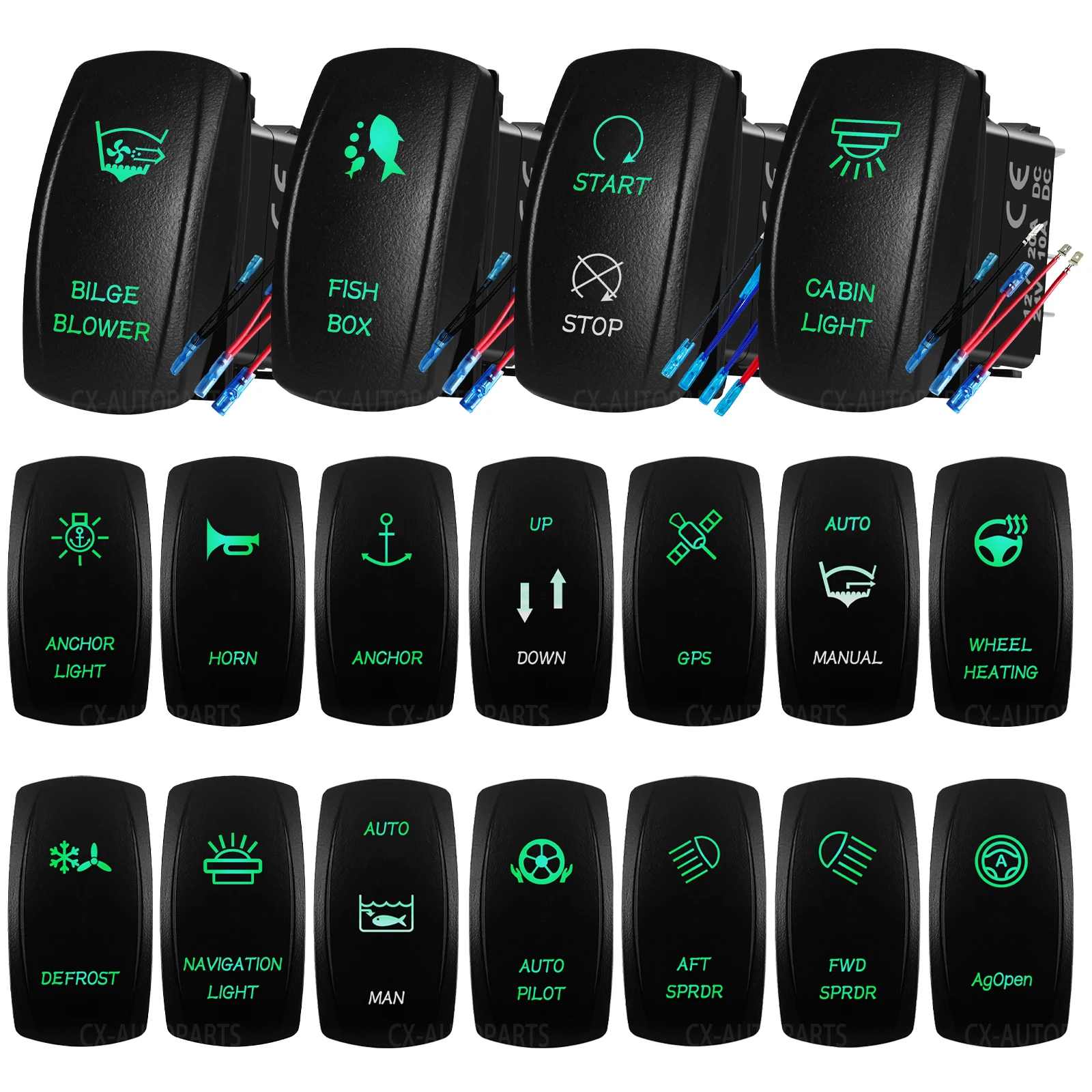Marine Grade Rocker Switch 12V 20A Waterproof IP66 SPST / DPDT Green LED with Harness for Boat Trim-Tabs Yacht Fishing Live Well