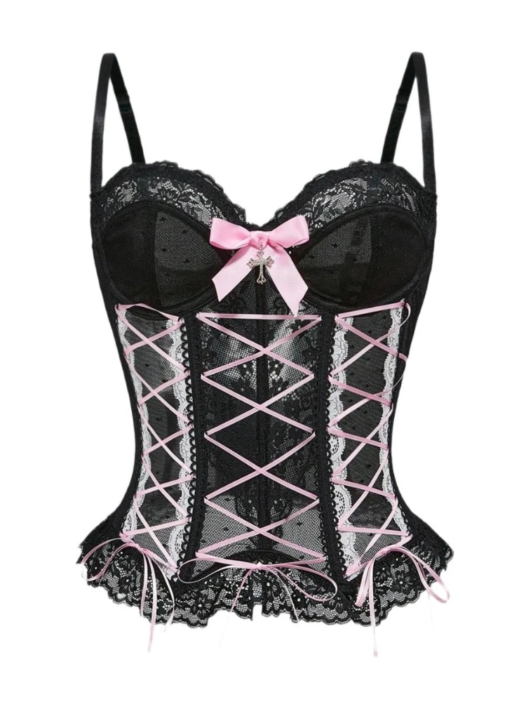 Sexy Pink Bow Cross Black Lace Strap Fishbone Vest Shaping Waist Cinching Corset Women's Multi-color Vest Camisole Top