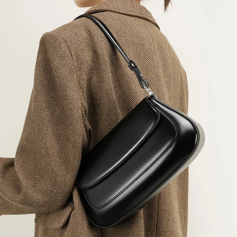 2024 Luxury Handbags Genuine Leather Women Saddle Bags High Quality Single Shoulder Bag Female Versatile Crossbody Bag Black