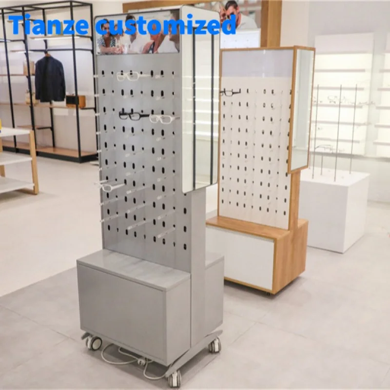 （customized）Factory Price Directly Mobile  Wood Floor Stand Eyeglass Display Rack With Storage and Mirror Optical Disp