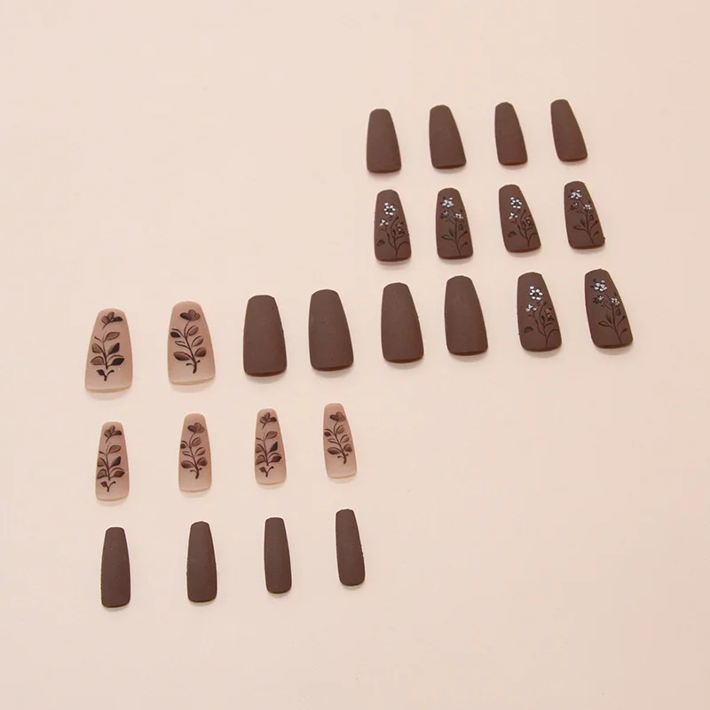 24pcs Autumn Press on Nails Flower Press on Nails Plants Fake Nails with Brown Yellow Leaves Design Full Cover Acrylic Nails Tip