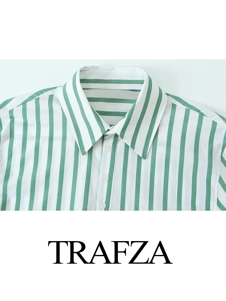 TRAFZA 2024 Spring New Female Stripes Lapel Short Sleeves Buttons Shirt Top + Lace Up Elastic Waist Woman Wide Leg Long Pant