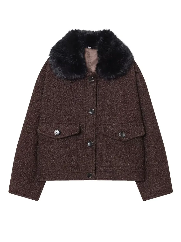 

HH Women Winter Fashion Versatile Casual Furry Collar Twill Warm Jacket Female Simple Pocket Single-breasted Long-Sleeved Jacket