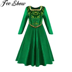 Kids Girls Cartoon Movie Character Cosplay Costume Long Sleeve Flower Print Princess Dress Green Gown for Halloween Theme Party