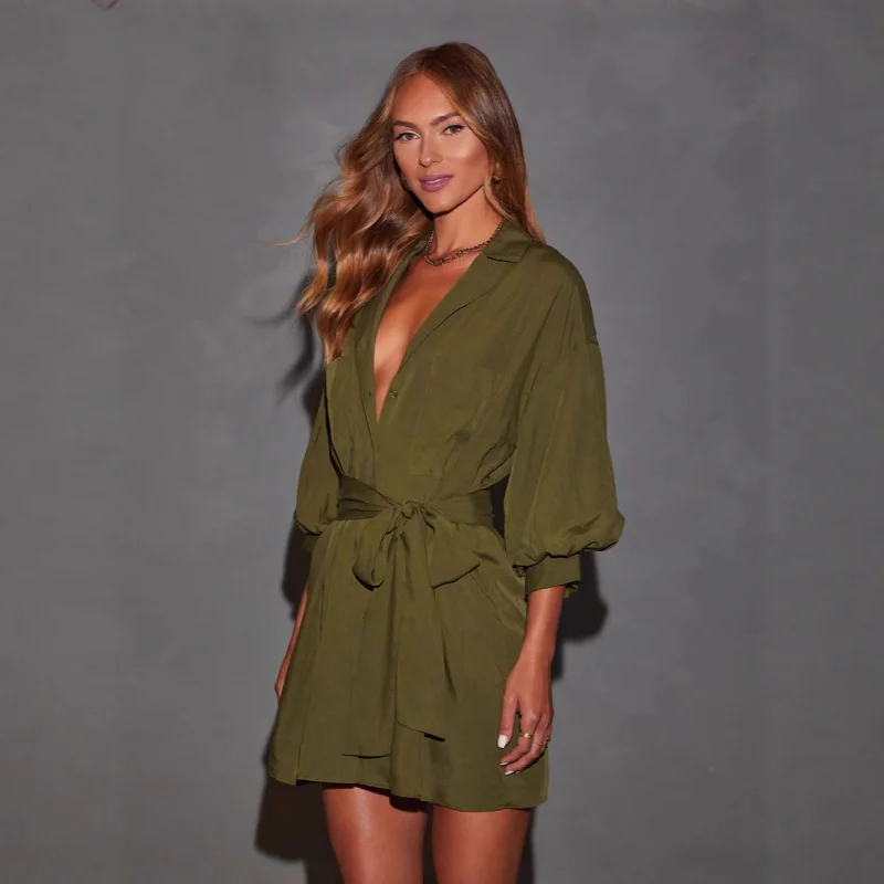 Robe chemise courte à lacets pour femmes européennes et américaines, mode automne, simple boutonnage, couleur unie, avec poches