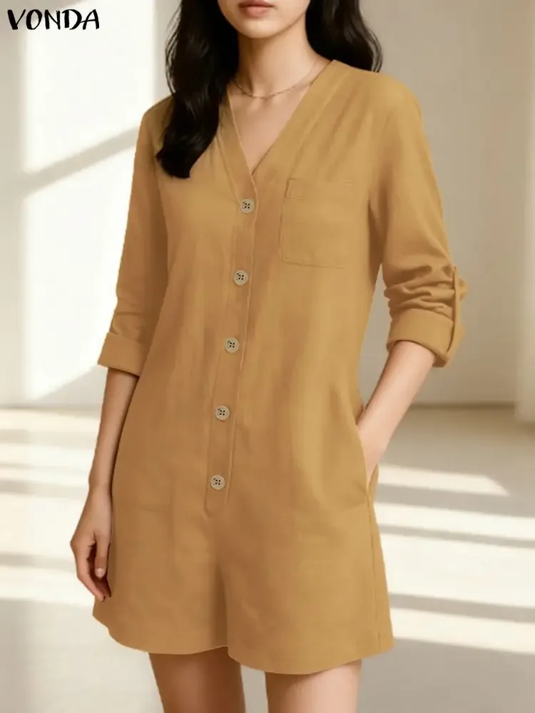 

VONDA Vintage Cotton Playsuits 2025 Autumn Women Long Sleeve V-Neck Short Jumpsuits Fashion Solid Pockets Elegant Office Overall