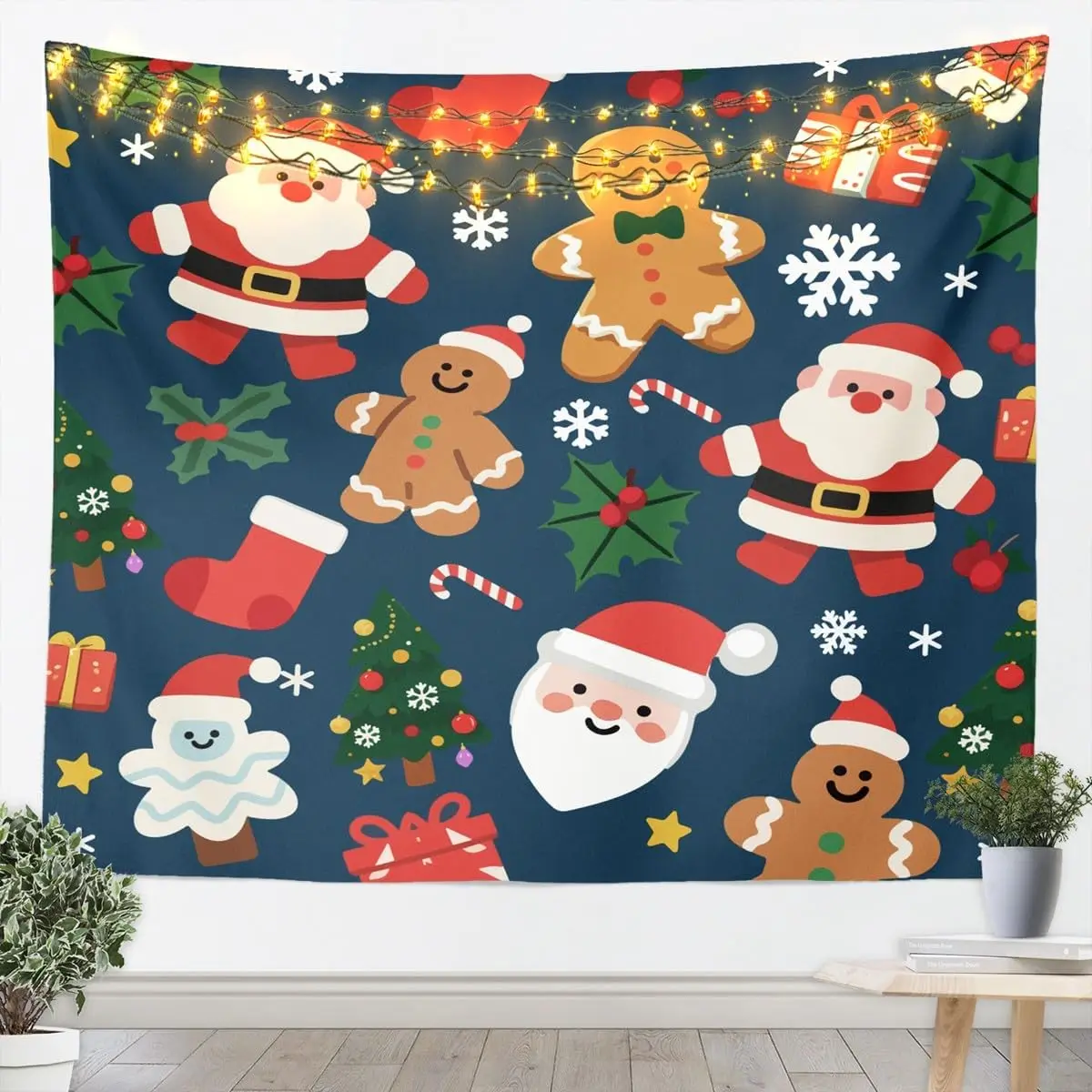Merry Christmas Tapestry Santa Claus Wall Art Gingerbread Man Wall Hanging Blanket for Living Room Bedroom Xmas Tree Home Decor