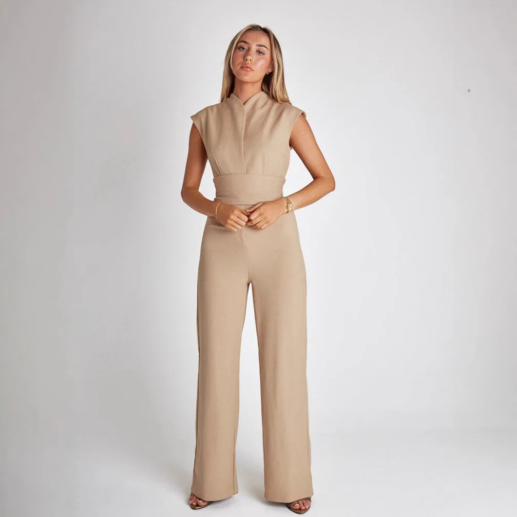 

Spring And Summer Versatile Solid Color Fashionable Sexy Women's Sleeveless Slim Wide-leg Jumpsuit