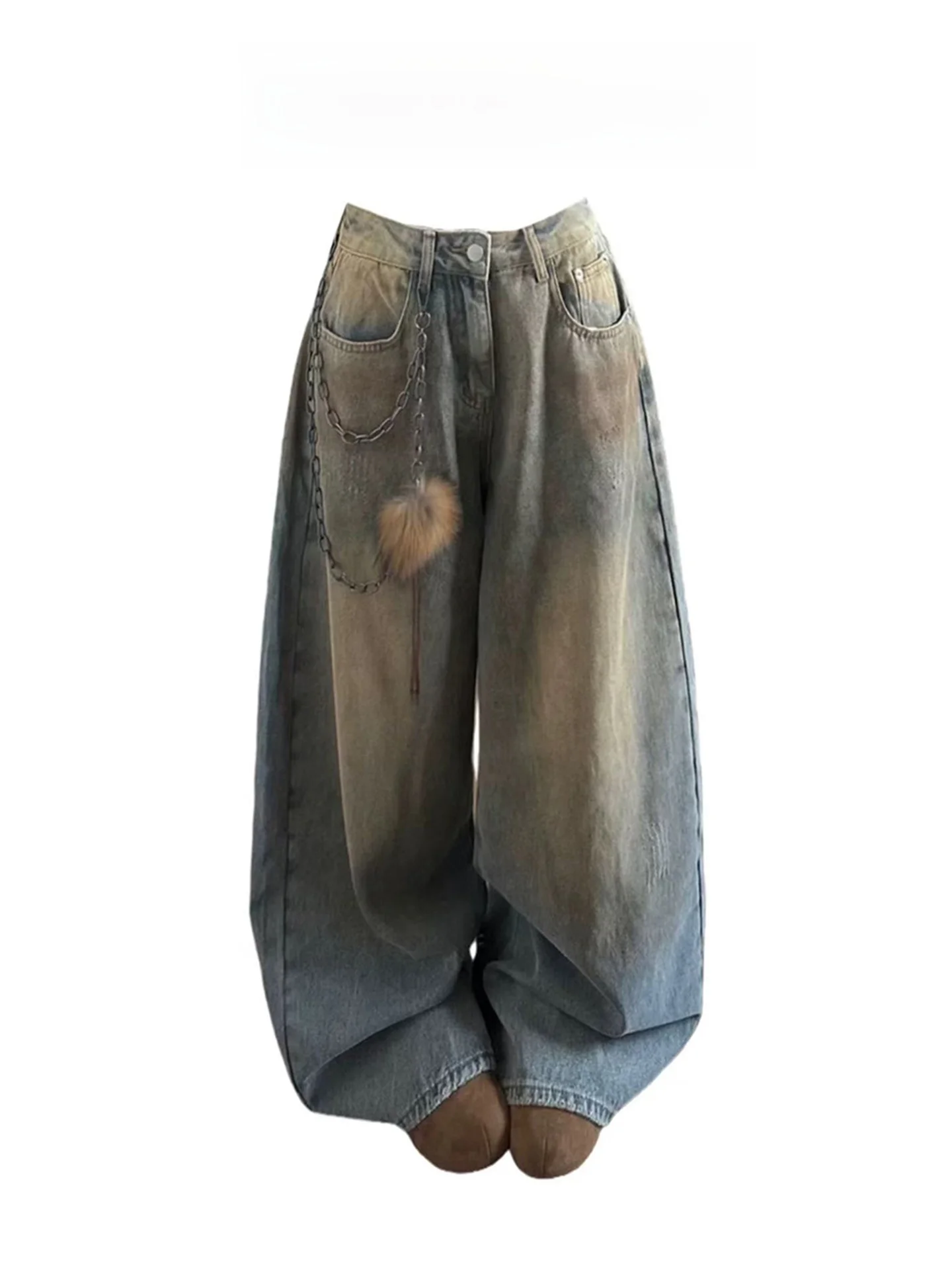 

Retro Washed Faded Denim Jeans Women's Spring Summer Thin High Street Loose Wide Leg Straight Floor-Length Pants