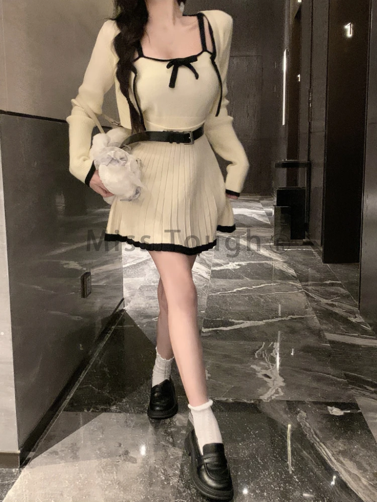 Winter Kawaii Vingate 3 Piece Set Women Elegant Bow Knitted Skirt Suit Female Korean Fashion Casual White Sweater Set 2023 New