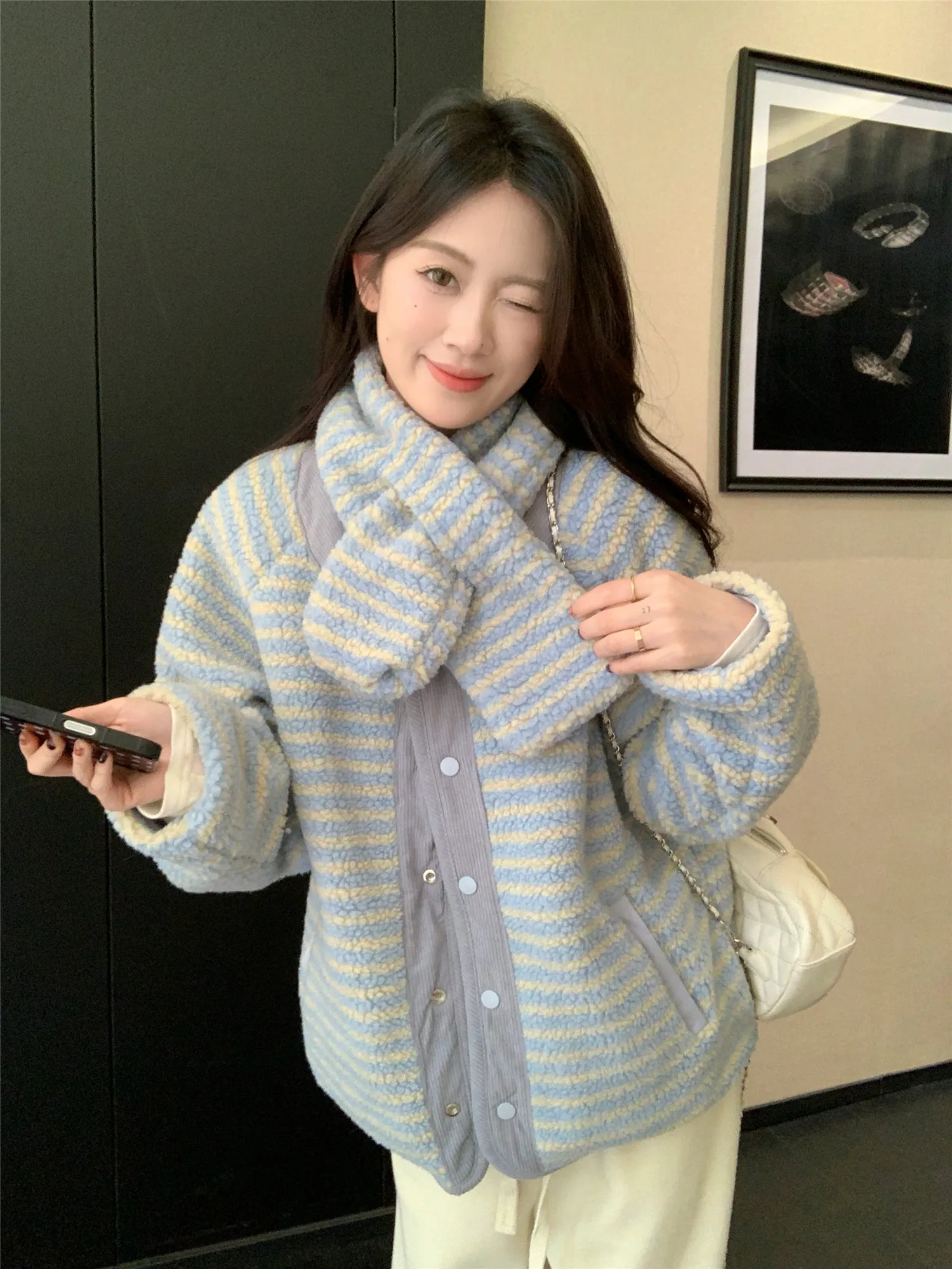 Korean Sweet Two Side Wear Padded Jacket Women Fleece Lined Thick Warm Parkas Woman Lazy Style Stripe Scarf Winter Jackets