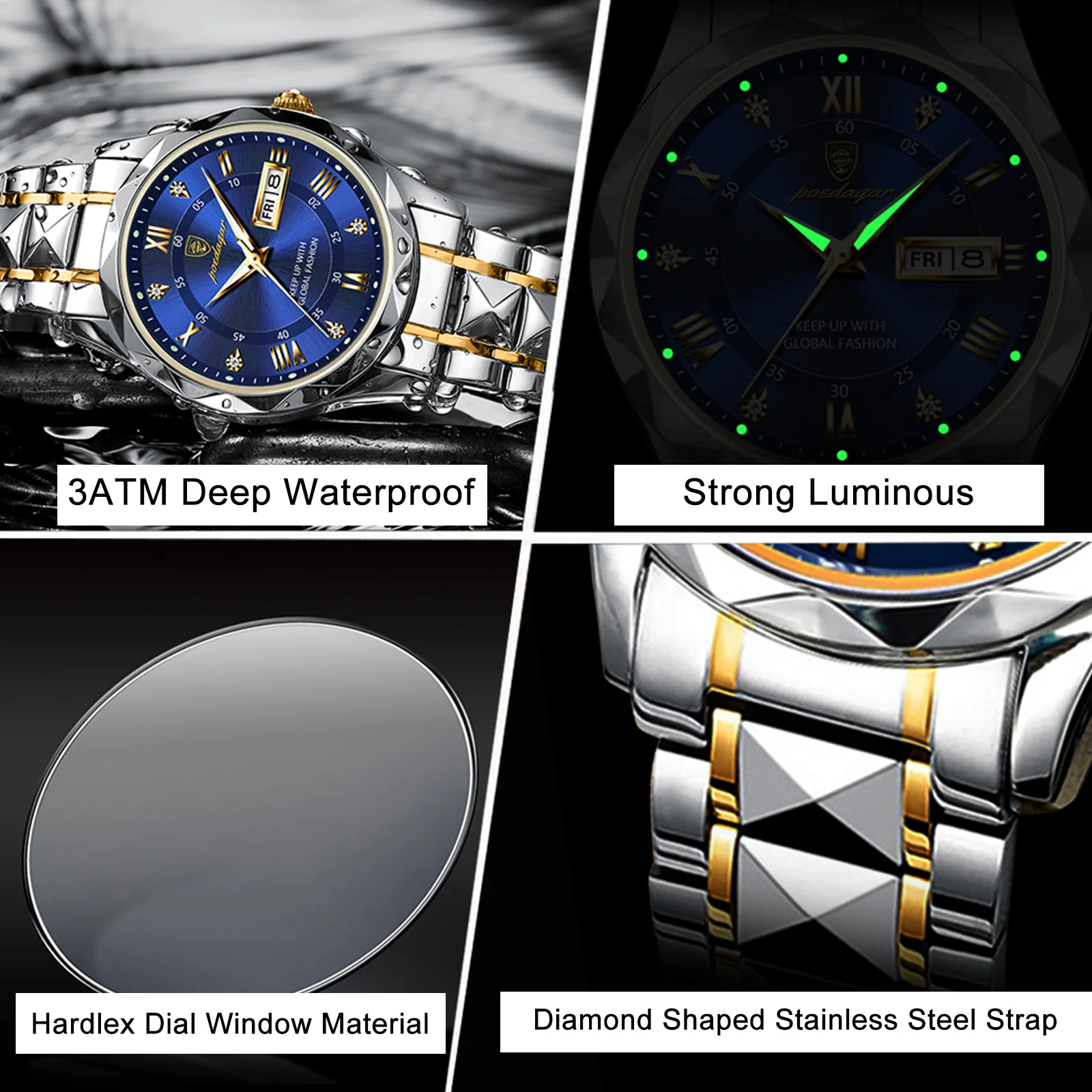 POEDAGAR Luxury Business Men's Watches Waterproof Stainless Steel Luminous Man Wristwatch Date Week Quartz Sport Men Watch Reloj