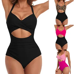 Bañador envolvente de una pieza para mujer, traje de baño de bloque de Color, cintura alta, cuello colgante, ahuecado, Bikini Sexy, Monokini