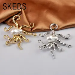 SKEDS Women Pearl Big Metal Octopus Brooches Pins Simple Design Fashion Punk Animal Badges Clothing Coat Accessories Corsage