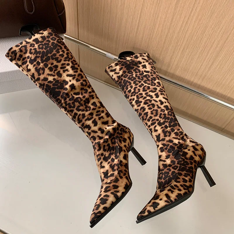 2024 Leopard Women High Boots Western Female Shoes For Women Thin Heels Zipper Autumn New Ladies Knee-High Knight Modern Boots