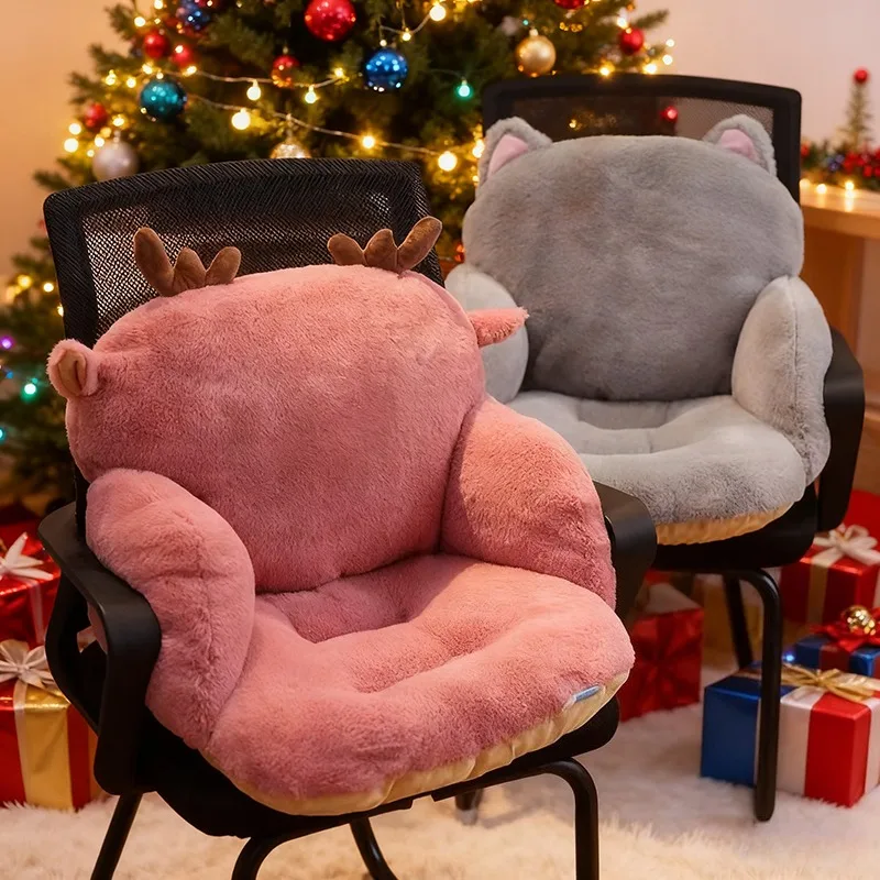 Cute Chair Cushion with Backrest Winter Plush Office Seat Mat Thick Comfort Support for Long Sitting Student Home Butt Pillow