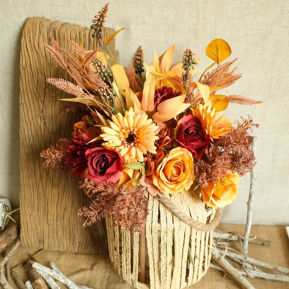 INS Artificial Flower Home Decor Autumn Color Bouquet Green Plants Artificial Flowers Fake Flowers Wedding Decorations