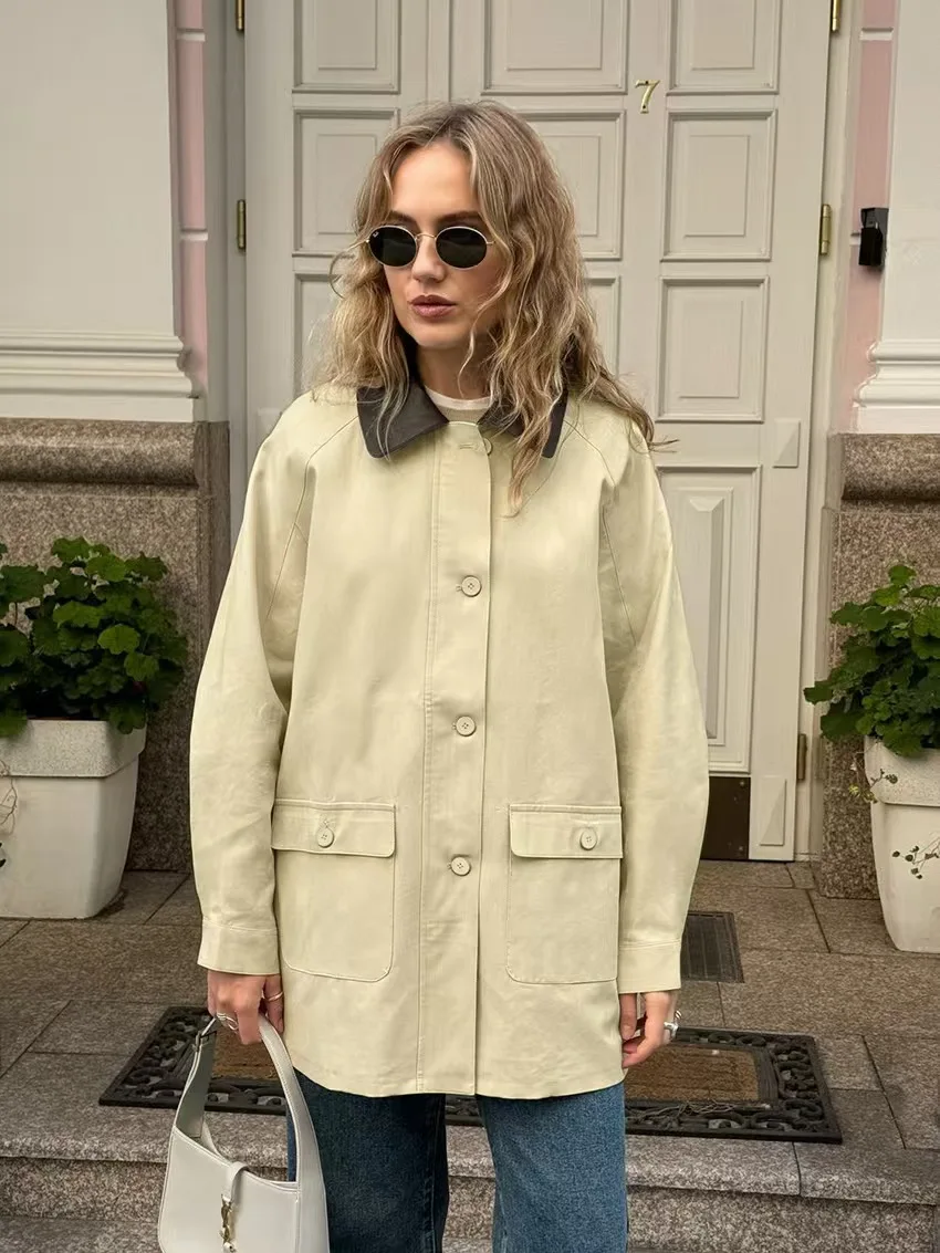 

Faionable Loose Casual Coat Retro Collar Color Blo Women's Windbreaker Cotton Long Sve Mid-Length Single Button