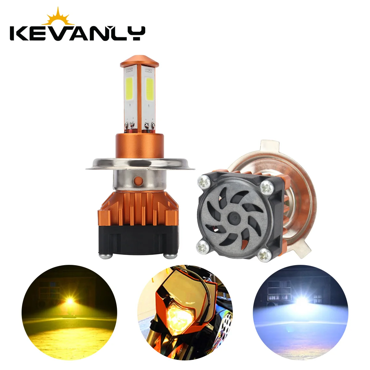

KEVANLY H4 LED Motorcycle Headlight Lamp Moto Spotlights Auxiliary Lights 75W Hi/LO Beam Light Universal White Yellow With Fans
