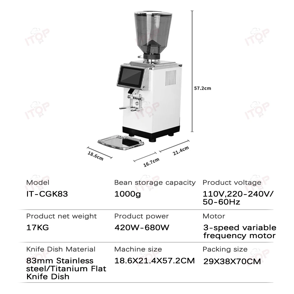 ITOP CGK83 elektryczny młynek do kawy 3 biegi o zmiennej prędkości szlifowania komercyjny ekspres młynek do ziaren 83MM tytanowy nóż płaski