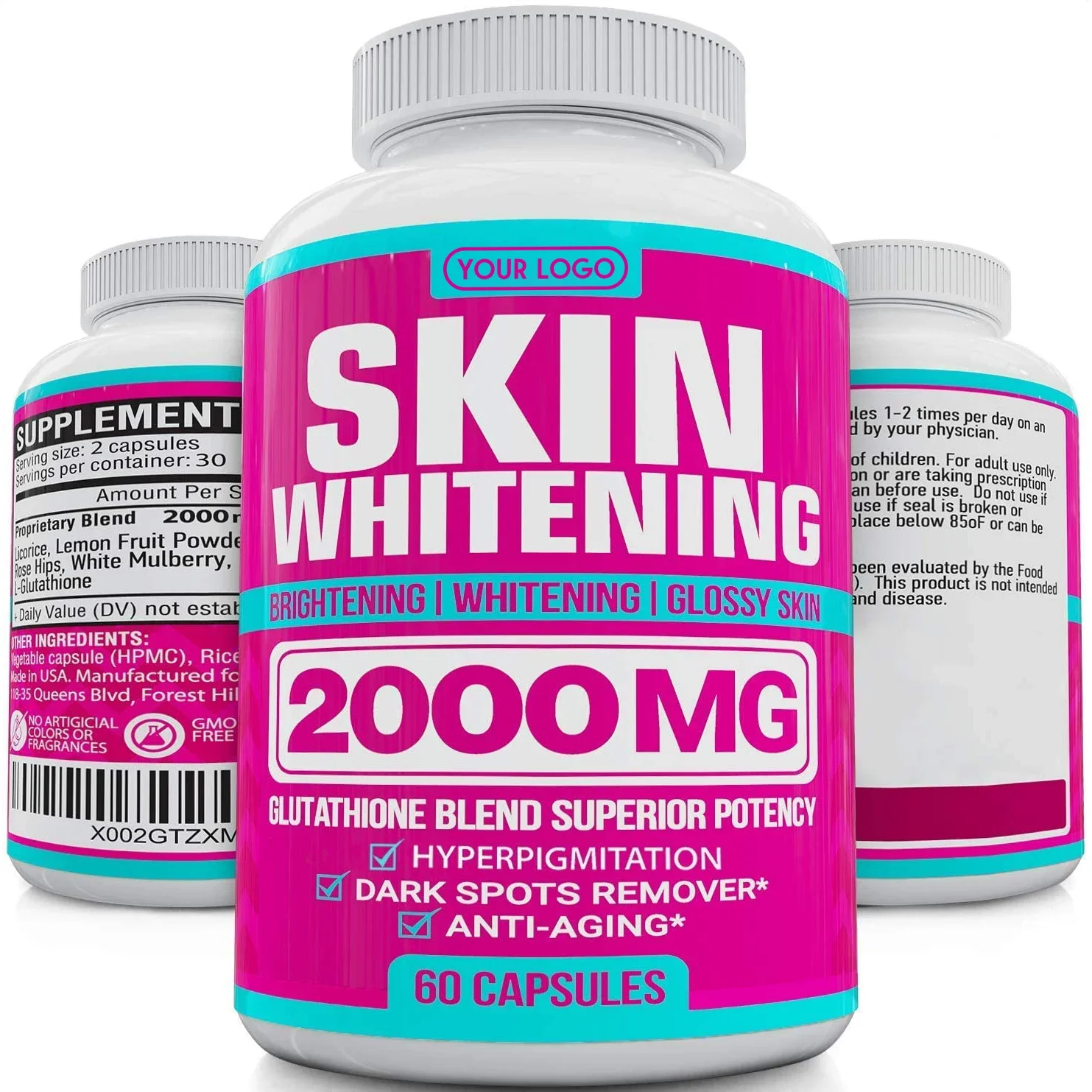 2 Bottle 2000mg+5000mg Whitening Glutathione Vitamin C Natural Skin Face Body Reducing Melanin