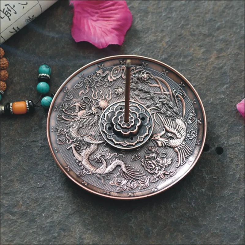 10cm Metal Dragon Carving Pattern Disc with Incense Holder Sandalwood Stick Incense Burner Durable Alloy Ash Catcher Home Decor