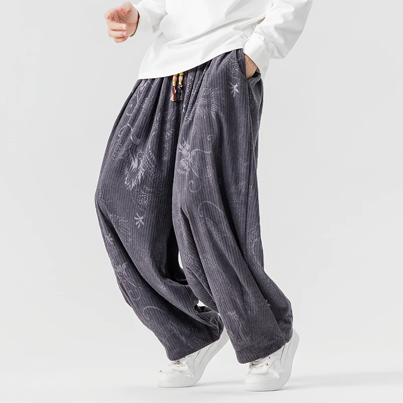 

Men Casual Harlan Pants Autumn Winter Men Dragon Pattern Embroidery Pants Tang Suit Men Corduroy Wide Leg Pants Lantern Trousers