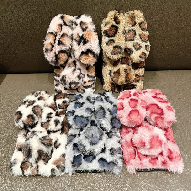 3D süße Cartoon Leopardenmuster Hasenfell Plüsch Handyhülle für iPhone 17 Air 16 13 12 11 Pro Max XS XR X 7 8 Plus stoßfeste Abdeckung