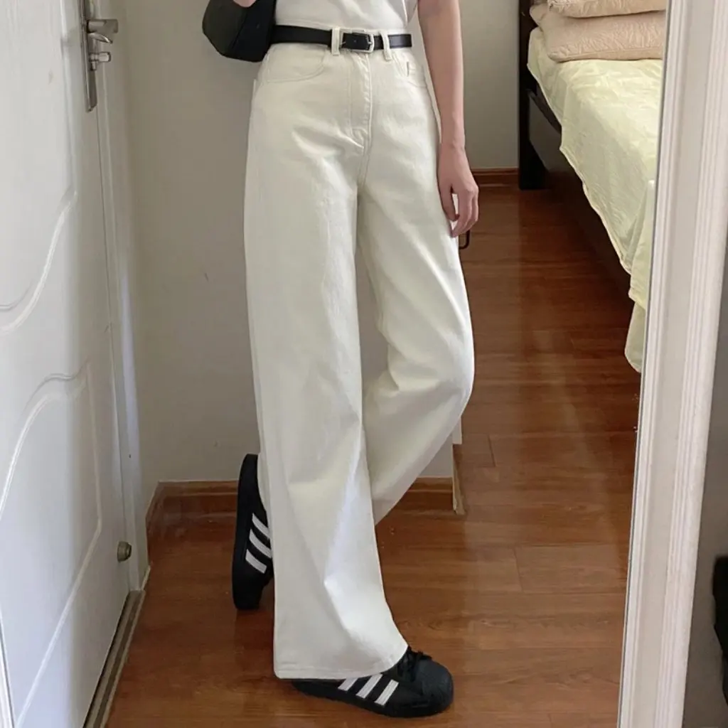 Женские белые прямые джинсы с высокой талией, облегающие весенне-осенние новые широкие брюки, свободный узкий стиль