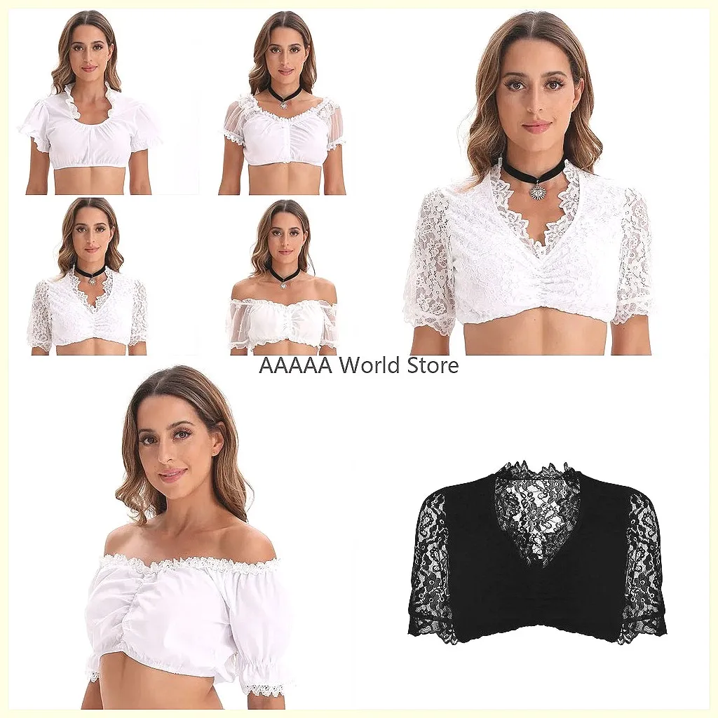 Sexy Bayerische Dirndl-Bluse Damen Crop Top - Oktoberfest Weiß-Schwarzes Spitzenhemd